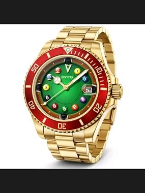 Invicta Pro Diver Gold Tone Billiard Dial Watch with Red Bezel